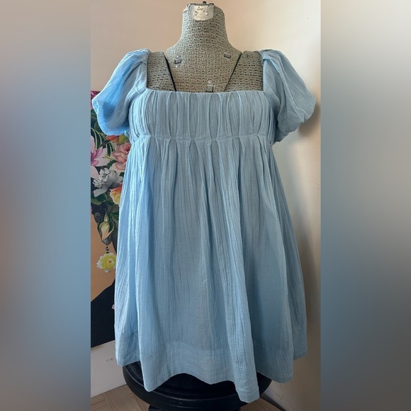 FREE PEOPLE MARINA MINI DRESS BLUE BELL, SQUARE NECKLINE, CRISSCROSS BACK TIE XS - Picture 4 of 16